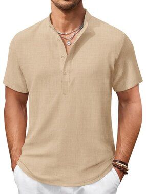 Men's Khaki Casual Henley Shirt Short Sleeve Linen Beach Summer Tops